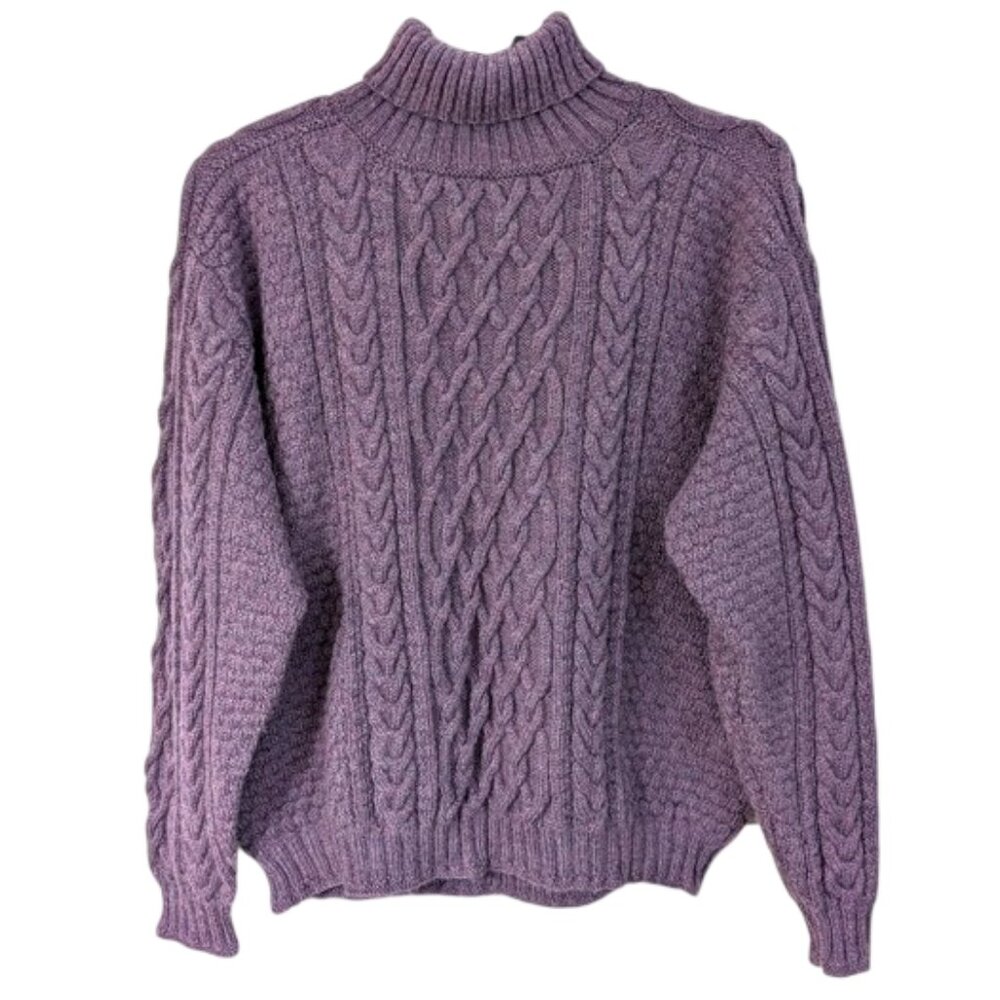 Vintage L.L. Bean 100% Wool Cable Knit Fisherman‎ Sweater Purple Heather XXL